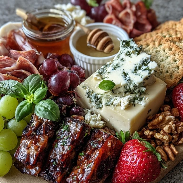 Easy summer charcuterie board loaded with fruit, nuts, and savory bites.