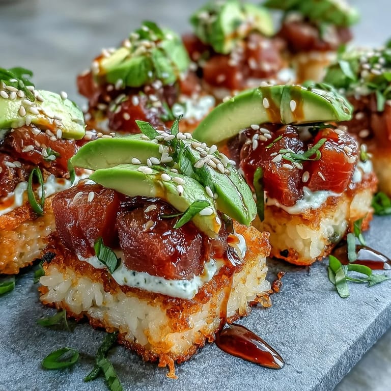 Gourmet Spicy Tuna Crispy Rice Bites, a delicious party appetizer with a kick.