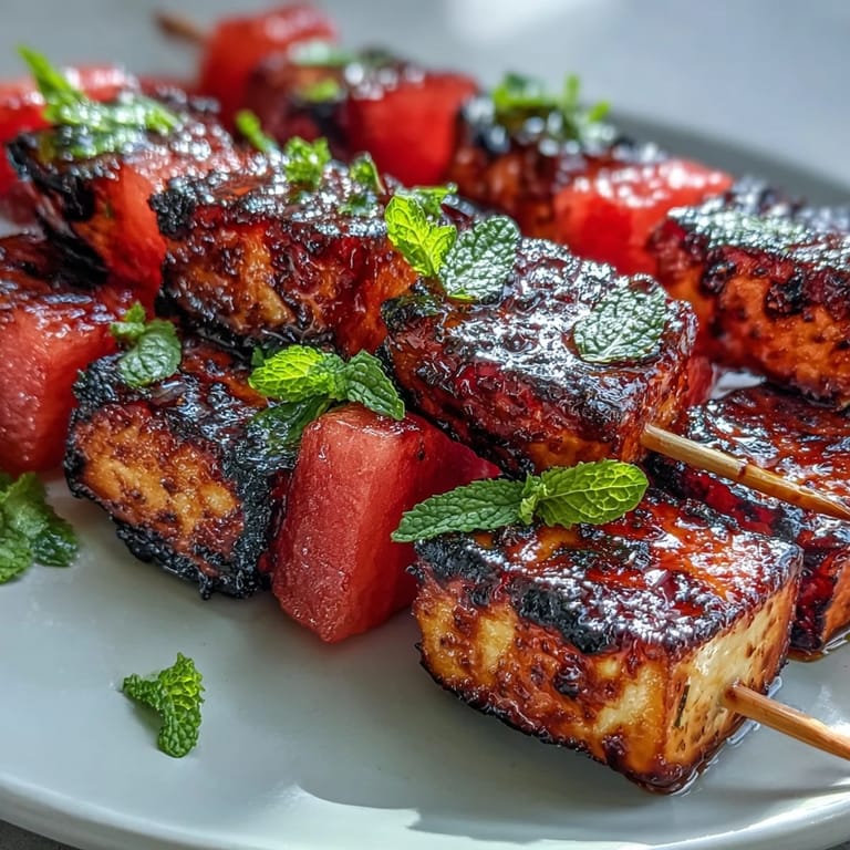 Savory grilled halloumi watermelon skewers with vibrant mint, a delightful warm appetizer.