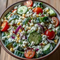 Creamy feta crumbles top fresh corn kernels and diced cucumber in a vibrant Street Corn Creamy Cucumber Salad. Freshly chopped red onion and cilantro garnish this chilled Street Corn Creamy Cucumber Salad. Ready-to-serve Street Corn Creamy Cucumber Salad in a white bowl with a spoon.