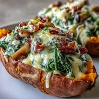 Golden brown roasted Creamy Mushroom and Spinach Stuffed Sweet Potatoes with melted cheese and herbs.