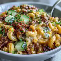Steaming One-Pan Cheeseburger Chili Mac is scooped from a skillet, topped with melted cheddar, pickles, and chives.