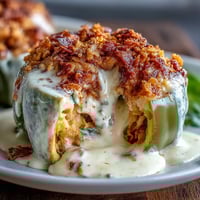 Comforting funeral potatoes stuffed inside vibrant bell peppers, baked until golden and bubbling with cheesy goodness.  