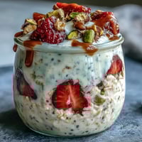 Strawberry and pistachio overnight oats with honey in a glass jar, topped with fresh sliced strawberries and crunchy chopped pistachios.
