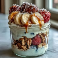 Fluffy Yogurt Banana Split Breakfast Jar with creamy Greek yogurt, fresh berries, granola, and chocolate chips in a layered parfait.