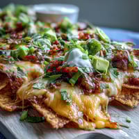 A colorful summer party nacho board with crispy tortilla chips, melted cheese, and vibrant strawberry salsa, perfect for sharing.
