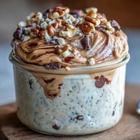 Creamy protein cookie dough overnight oats with chocolate chips and almond butter in a glass jar, perfect for a nutritious breakfast or post-workout snack.
