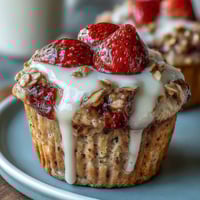 Fresh strawberry muffins with Greek yogurt and oats, topped with a sprinkle of oats for extra texture.