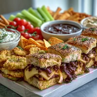 Vibrant BBQ Baby Shower Party Snack Board with sliders, chips, and fresh veggies on a large platter.