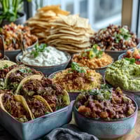Cinco de Mayo Taco Bar Spread with colorful toppings and warm tortillas ready for guests.  