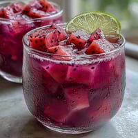 A vibrant homemade Mango Dragonfruit Refresher with fresh fruit chunks and crushed ice.