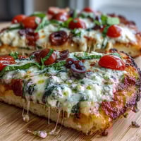 Wholesome cottage cheese flatbread pizza with a golden, protein-rich base topped with vibrant vegetables and melted mozzarella.  