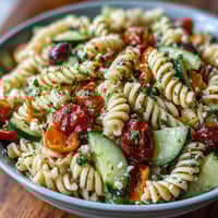Easy Summer Pasta Salad with Italian Dressing, bursting with fresh tomatoes, crisp cucumbers, and tangy olives in a zesty dressing.