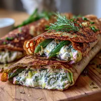 Spring buckwheat crepes filled with seasonal vegetables and herbed cheese, ready for a light brunch or lunch.