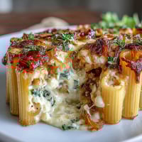 French Onion Pasta Bake with caramelized onions and melted Gruyère cheese, baked to golden perfection in a bubbling casserole.
