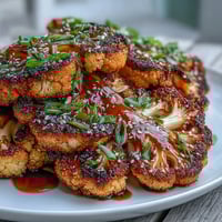 Oven-roasted cauliflower steaks drizzled with glossy teriyaki glaze and garnished with sesame seeds for a hearty vegetarian main.