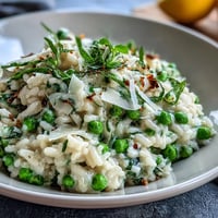 Creamy spring pea risotto with fresh mint, Parmesan, and vibrant green peas in a rustic bowl.  