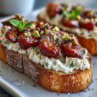 1. Creamy ricotta spread over golden sourdough toast, topped with fresh strawberries, honey drizzle, and crunchy pistachios.