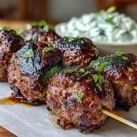 Juicy grilled lamb kofta skewers seasoned with cumin and coriander, served with creamy homemade tzatziki sauce and fresh herbs.  
