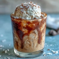 A creamy coconut cold brew float with vanilla bean ice cream, garnished with toasted coconut flakes for a tropical twist.