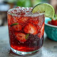 Refreshing strawberry agua fresca with fresh strawberries, lime, and sugar, served over ice with mint garnish.