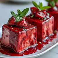 A vibrant mosaic cake with strawberry and rose gelatin cubes floating in creamy vanilla base, perfect for festive occasions.