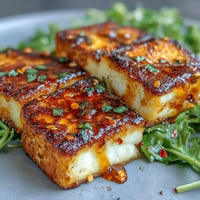 Golden, pan-seared halloumi cheese drizzled with chili-infused honey over fresh arugula.