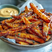 Crispy air fryer sweet potato fries served with a creamy, smoky chipotle aioli dip.