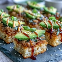 Spicy Tuna Crispy Rice Bites: golden squares topped with vibrant tuna and avocado.
