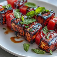 Grilled Halloumi and Watermelon Skewers featuring golden cheese, juicy fruit, and fresh mint.